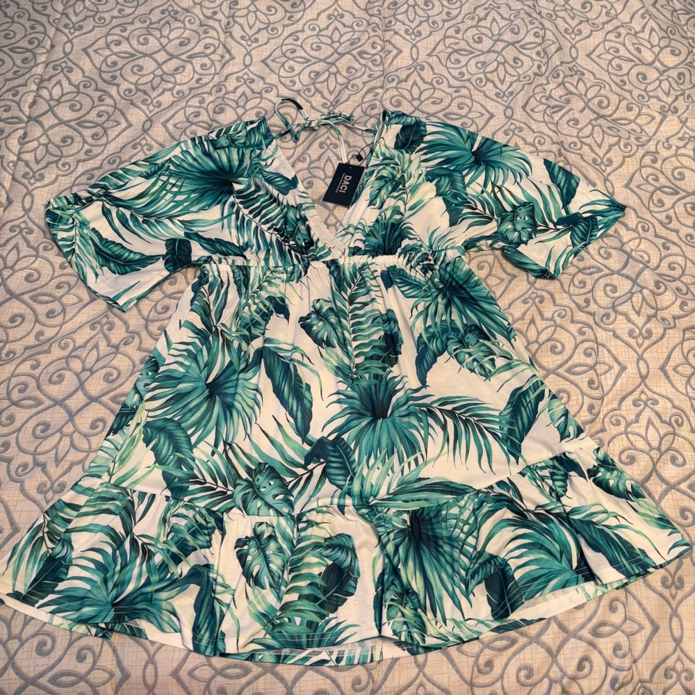 NWT DACI Tropical Green & White Leaf Print Swim Coverup Dress